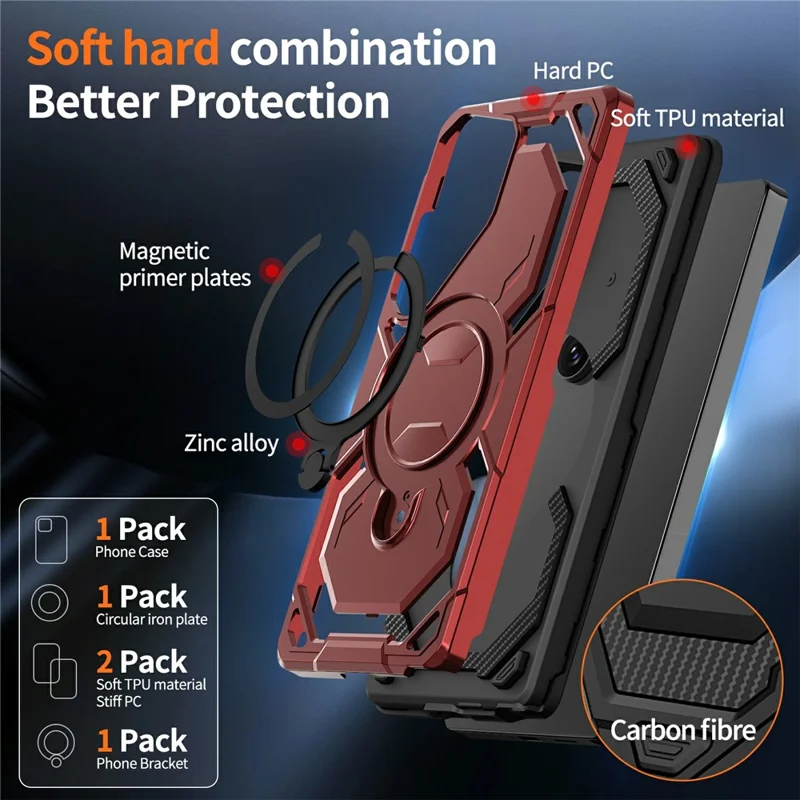 For Samsung Galaxy S26 Ultra Magnetic Case Ring Kickstand PC + TPU Hybrid Phone Cover - Red