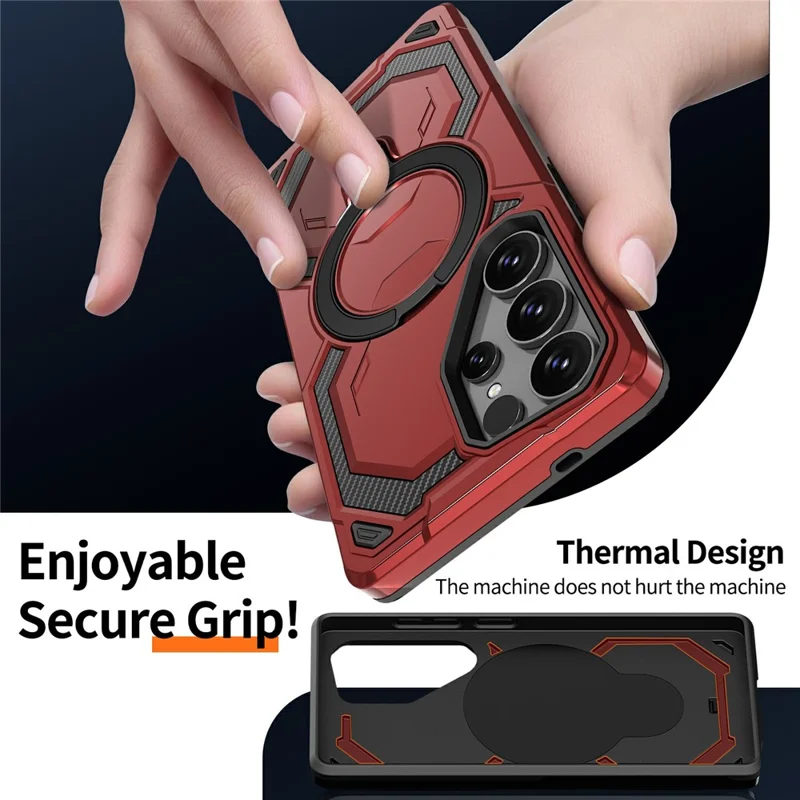 For Samsung Galaxy S26 Ultra Magnetic Case Ring Kickstand PC + TPU Hybrid Phone Cover - Red