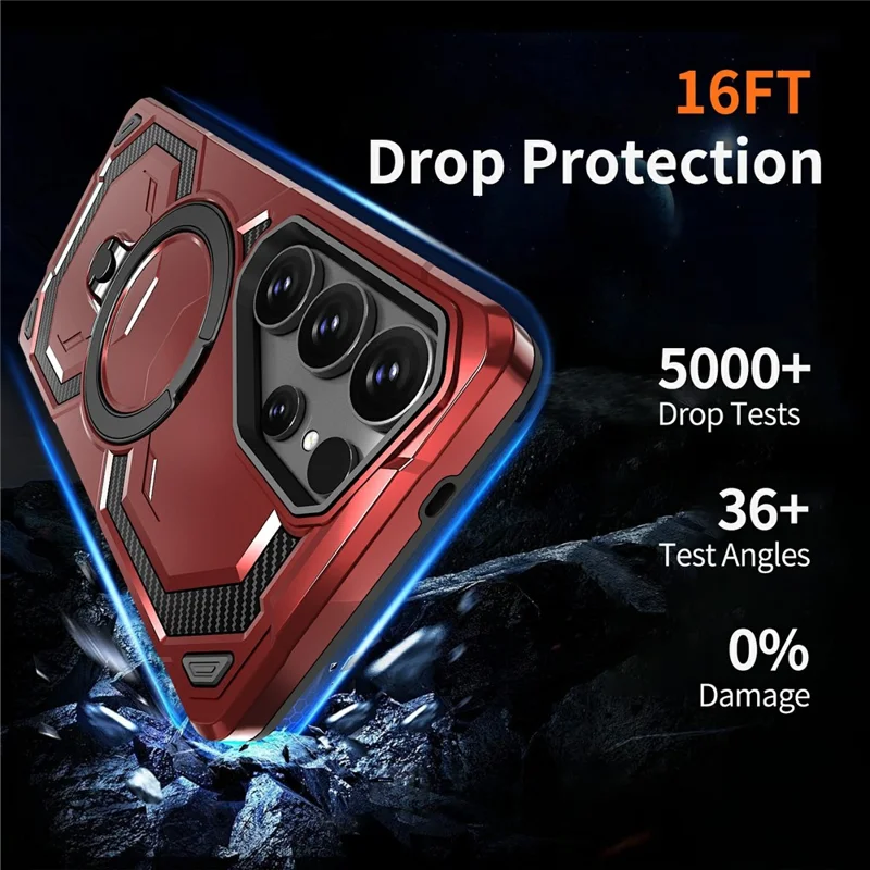 For Samsung Galaxy S26 Ultra Magnetic Case Ring Kickstand PC + TPU Hybrid Phone Cover - Red