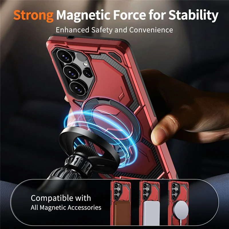For Samsung Galaxy S26 Ultra Magnetic Case Ring Kickstand PC + TPU Hybrid Phone Cover - Red