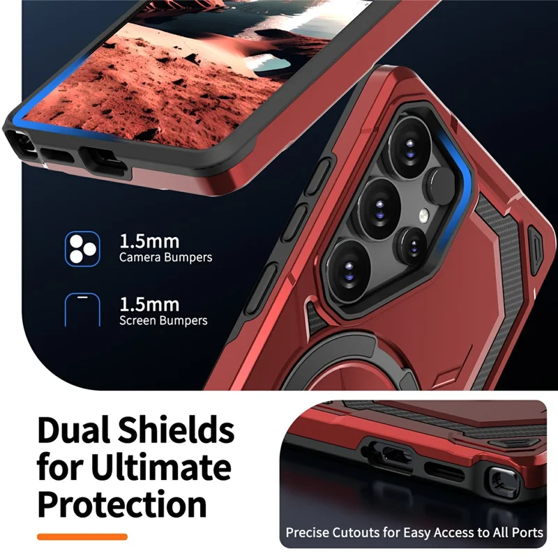 For Samsung Galaxy S26 Ultra Magnetic Case Ring Kickstand PC + TPU Hybrid Phone Cover - Red