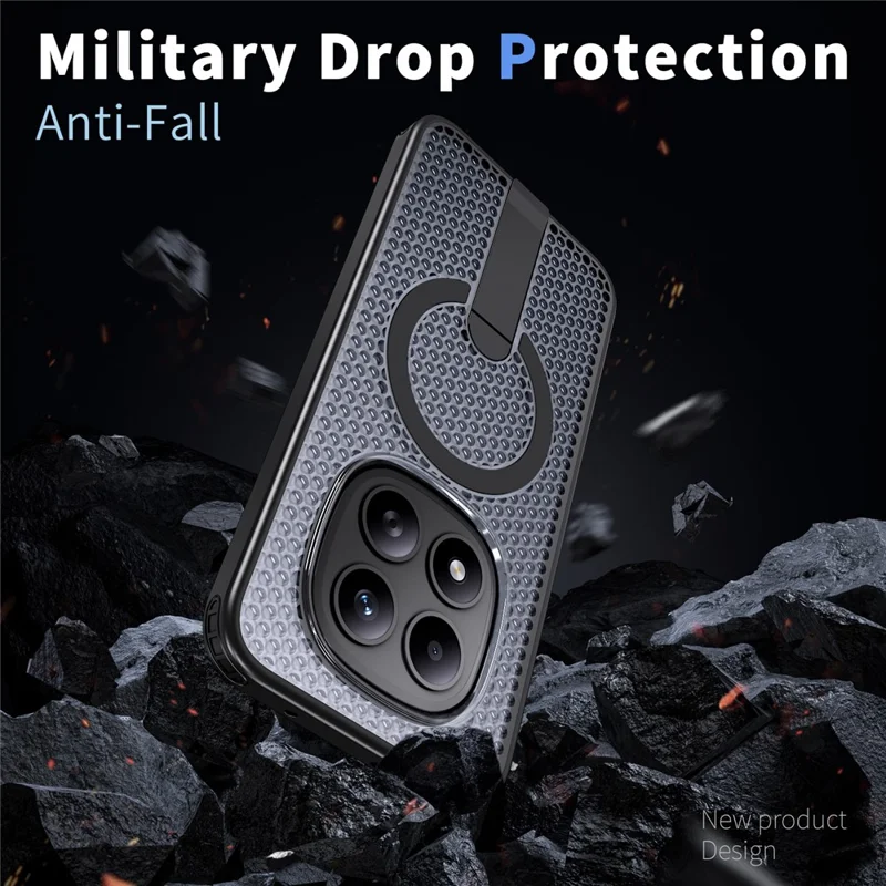 Capa Traseira para Xiaomi Redmi Note 15 Pro+ 5G (Global) com Textura em Grelha, TPU e Policarbonato, com Suporte e Imã, Preto