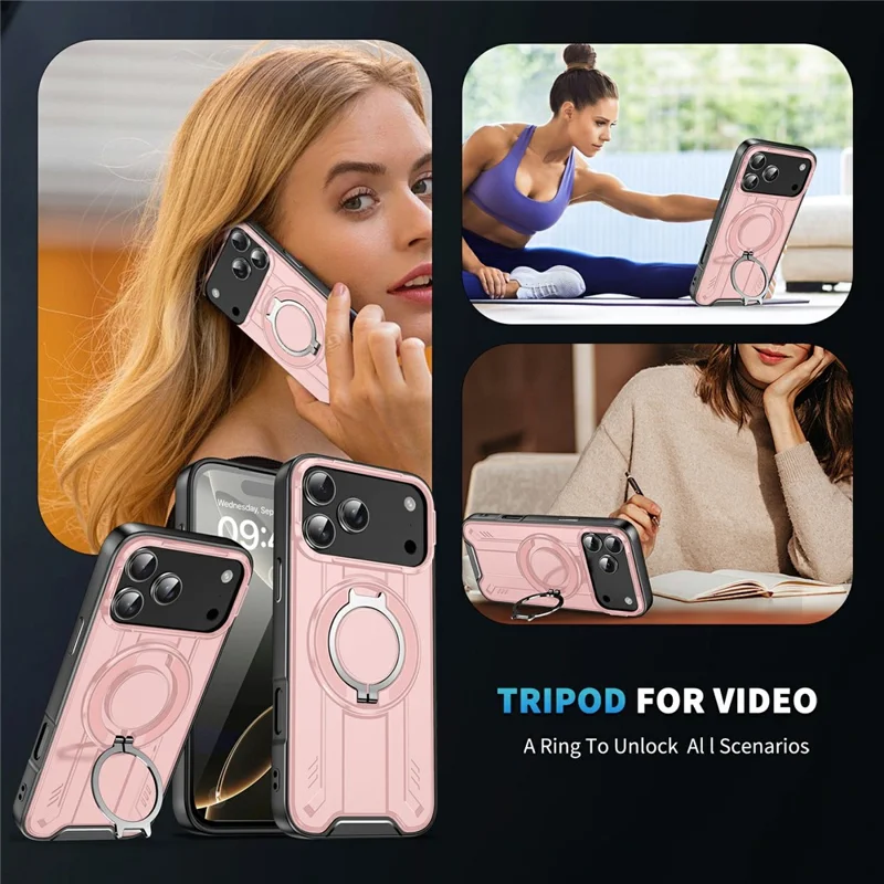 Coque pour iPhone 17 Pro compatible MagSafe avec anneau pivotant à 360°, housse anti-choc en PC + TPU - Rose