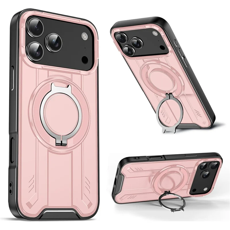 Coque pour iPhone 17 Pro Max compatible MagSafe avec anneau pivotant à 360°, housse anti-choc en PC + TPU - Rose