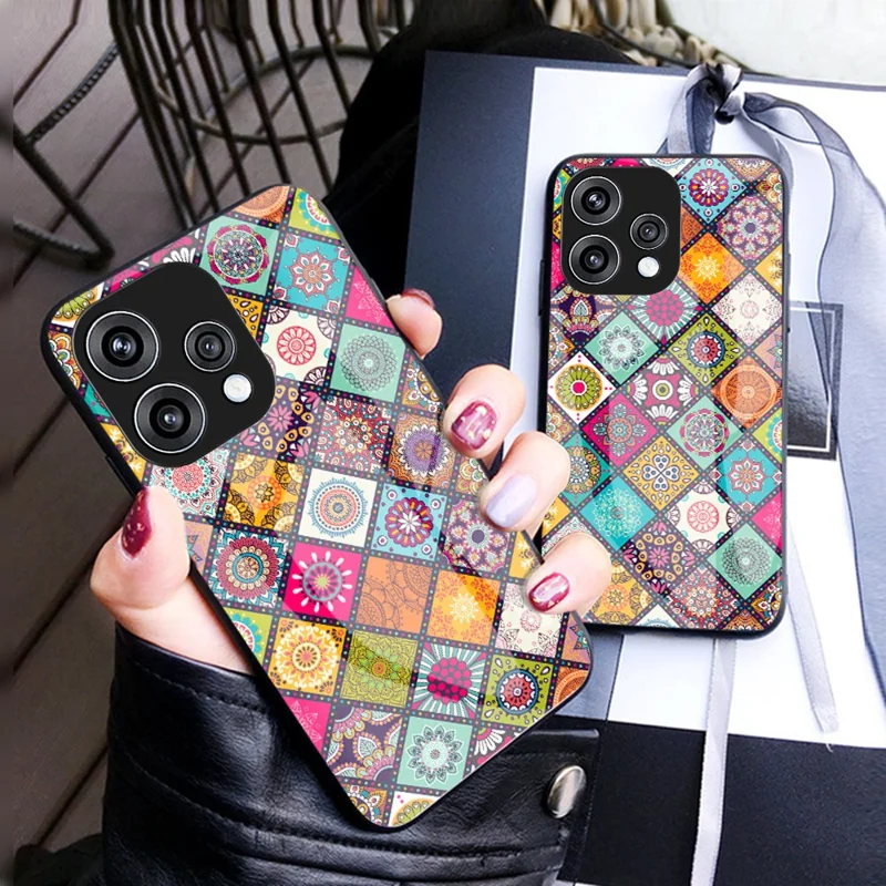 Phone Case For Oppo Reno15 5G (Global)  /  15c 5G (China) Kickstand Ethnic Pattern Tempered Glass Phone Cover with Strap - Checkered Pattern