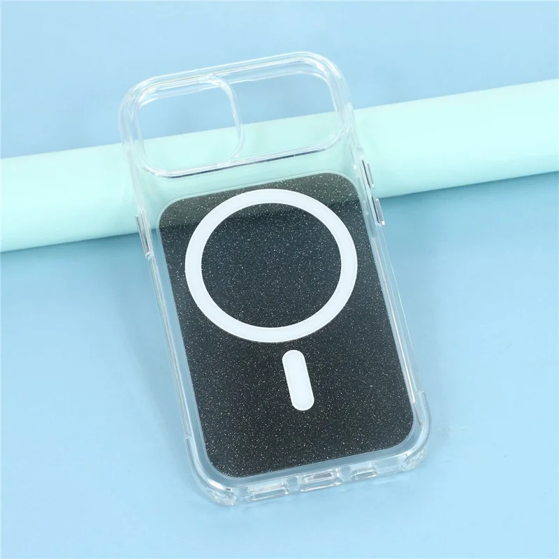 Til iPhone 15 Skærmhylster Kompatibelt med MagSafe Klart Glitter Stødfast TPU Akryl Telefonbeskyttelse - Sort