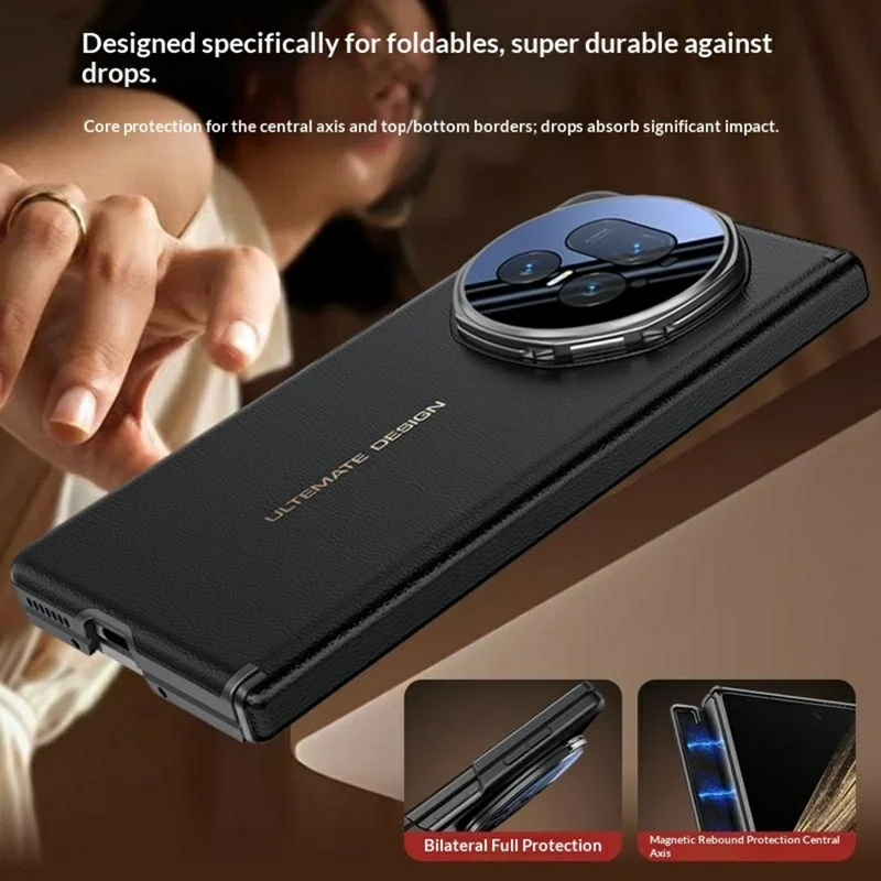 For Honor Magic V5 5G Magnetic Case Skin Touch TPU PU Leather PC Phone Back Cover with Foldable Lens Kickstand - Black