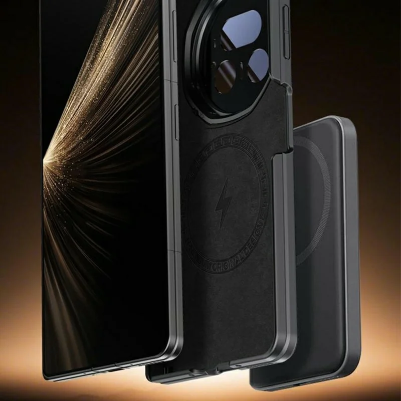 For Honor Magic V5 5G Magnetic Case Skin Touch TPU PU Leather PC Phone Back Cover with Foldable Lens Kickstand - Black