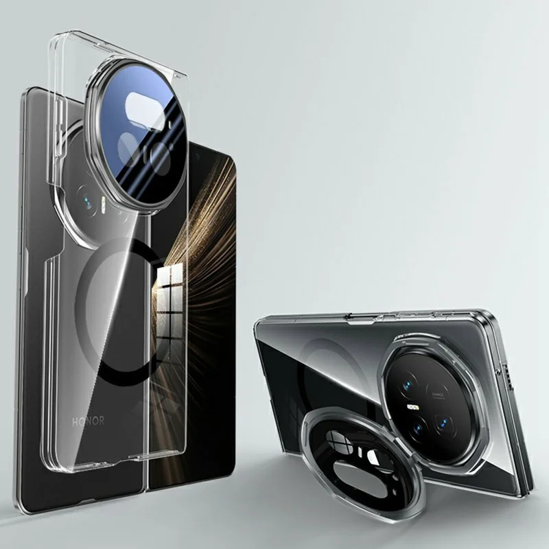 For Honor Magic V5 5G Magnetic Case Clear PC Phone Cover with Metal Tempered Glass Lens Protector Kickstand - Black