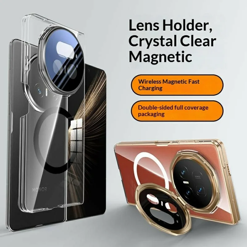 For Honor Magic V5 5G Magnetic Case Clear PC Phone Cover with Metal Tempered Glass Lens Protector Kickstand - Black