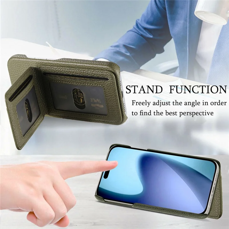 For iPhone 17 Pro Max Case RFID Blocking Card Holder Litchi Texture Leather Back Cover - Midnight Green