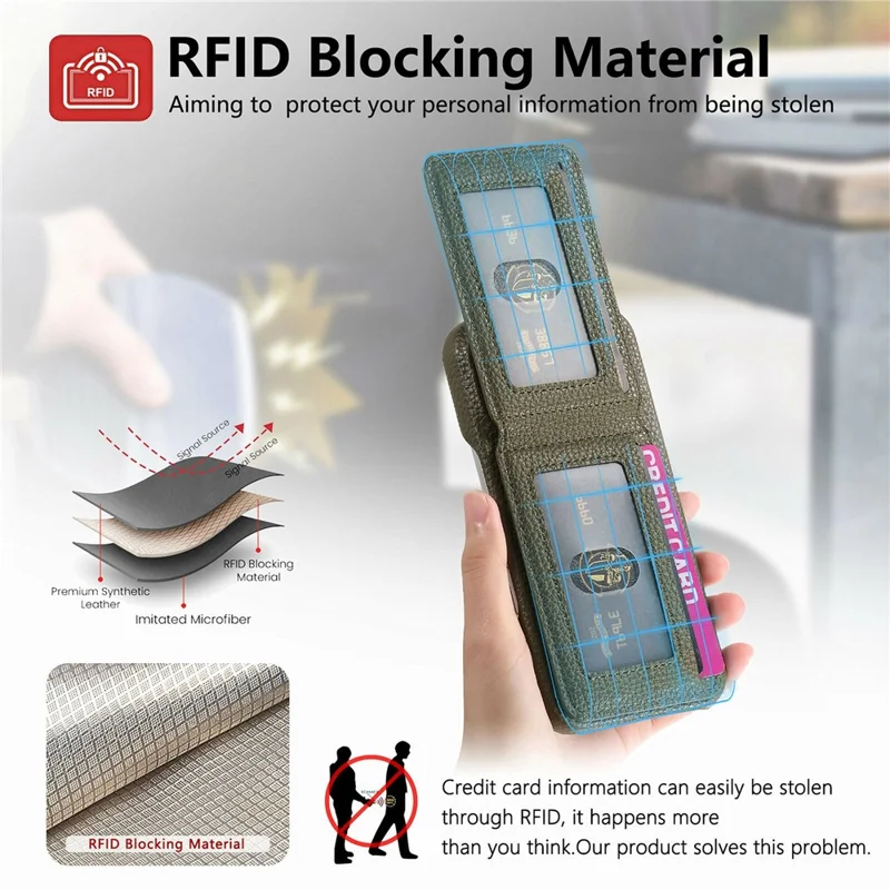 For iPhone 17 Pro Max Case RFID Blocking Card Holder Litchi Texture Leather Back Cover - Midnight Green