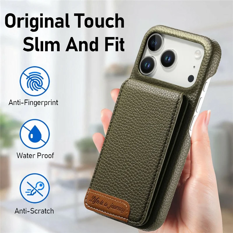 For iPhone 17 Pro Max Case RFID Blocking Card Holder Litchi Texture Leather Back Cover - Midnight Green