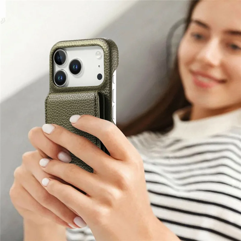 For iPhone 17 Pro Case RFID Blocking Card Holder Litchi Texture Leather Back Cover - Midnight Green