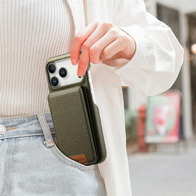 For iPhone 17 Pro Case RFID Blocking Card Holder Litchi Texture Leather Back Cover - Midnight Green