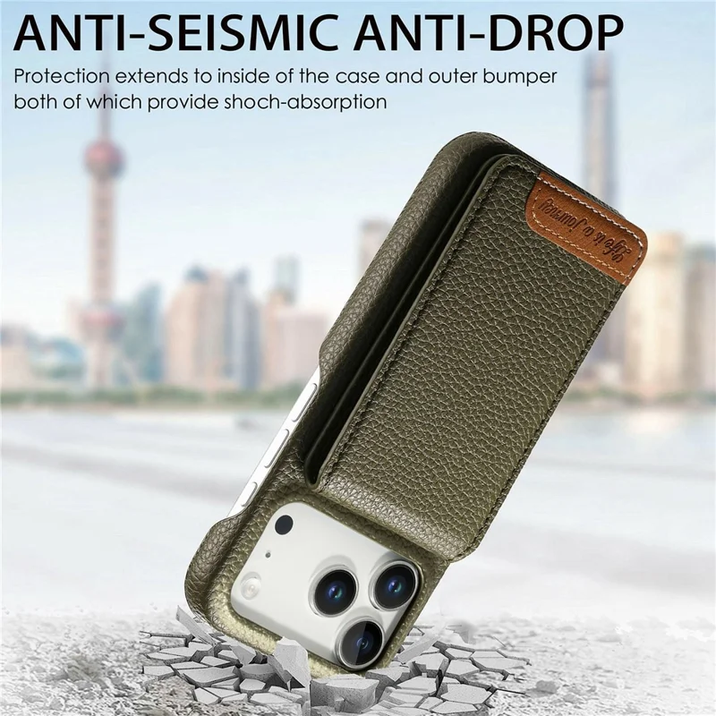 For iPhone 17 Pro Case RFID Blocking Card Holder Litchi Texture Leather Back Cover - Midnight Green