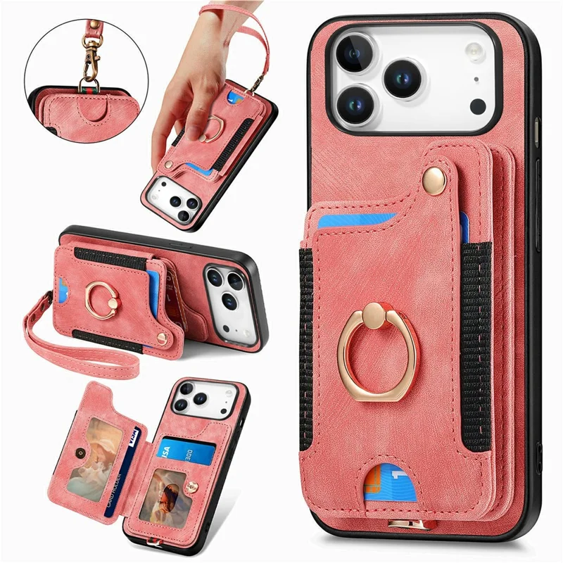 For iPhone 17 Pro Max Retro PU Leather Case Phone Cover with RFID Blocking Card Holder  /  Ring Holder - Pink