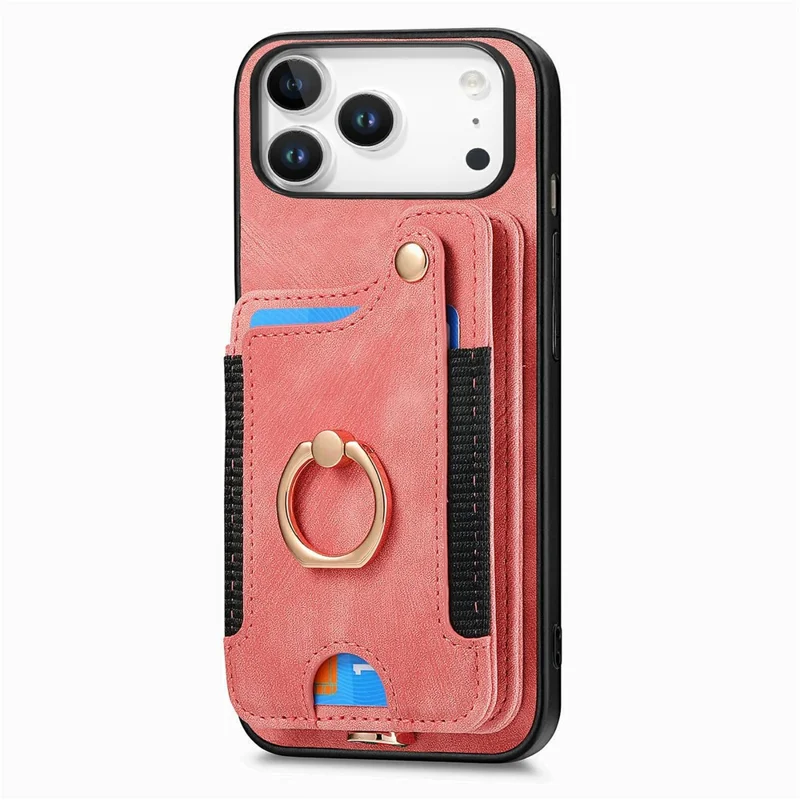 For iPhone 17 Pro Max Retro PU Leather Case Phone Cover with RFID Blocking Card Holder  /  Ring Holder - Pink