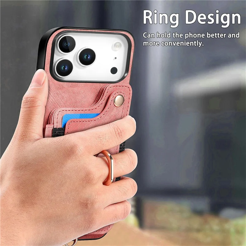 For iPhone 17 Pro Max Retro PU Leather Case Phone Cover with RFID Blocking Card Holder  /  Ring Holder - Pink