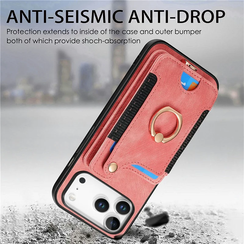 For iPhone 17 Pro Max Retro PU Leather Case Phone Cover with RFID Blocking Card Holder  /  Ring Holder - Pink