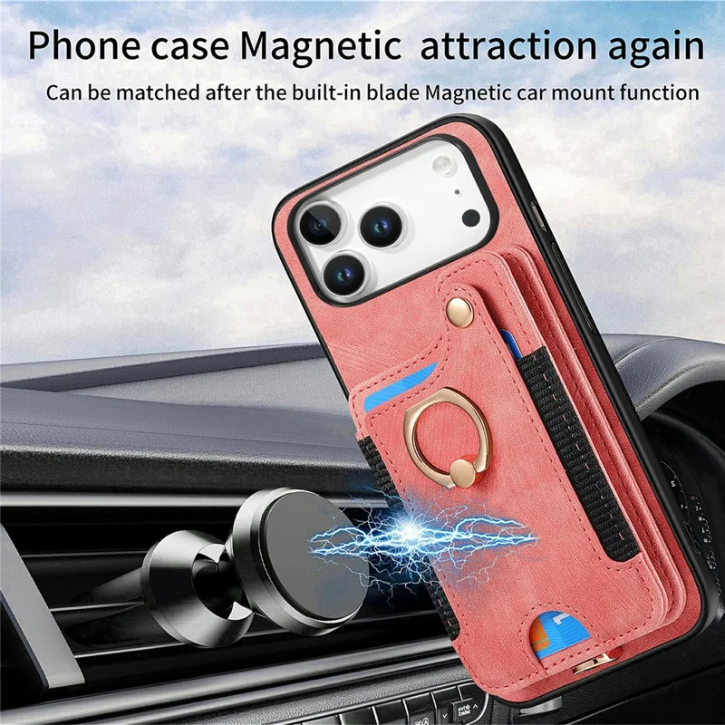 For iPhone 17 Pro Max Retro PU Leather Case Phone Cover with RFID Blocking Card Holder  /  Ring Holder - Pink