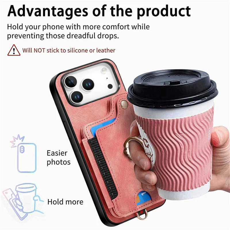 For iPhone 17 Pro Retro PU Leather Case Phone Cover with RFID Blocking Card Holder    /    Ring Holder - Pink