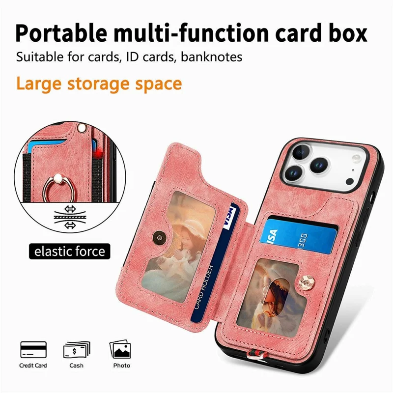 For iPhone 17 Pro Retro PU Leather Case Phone Cover with RFID Blocking Card Holder    /    Ring Holder - Pink
