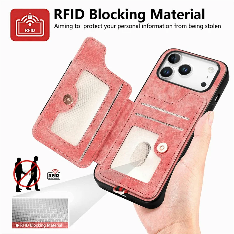 For iPhone 17 Pro Retro PU Leather Case Phone Cover with RFID Blocking Card Holder    /    Ring Holder - Pink