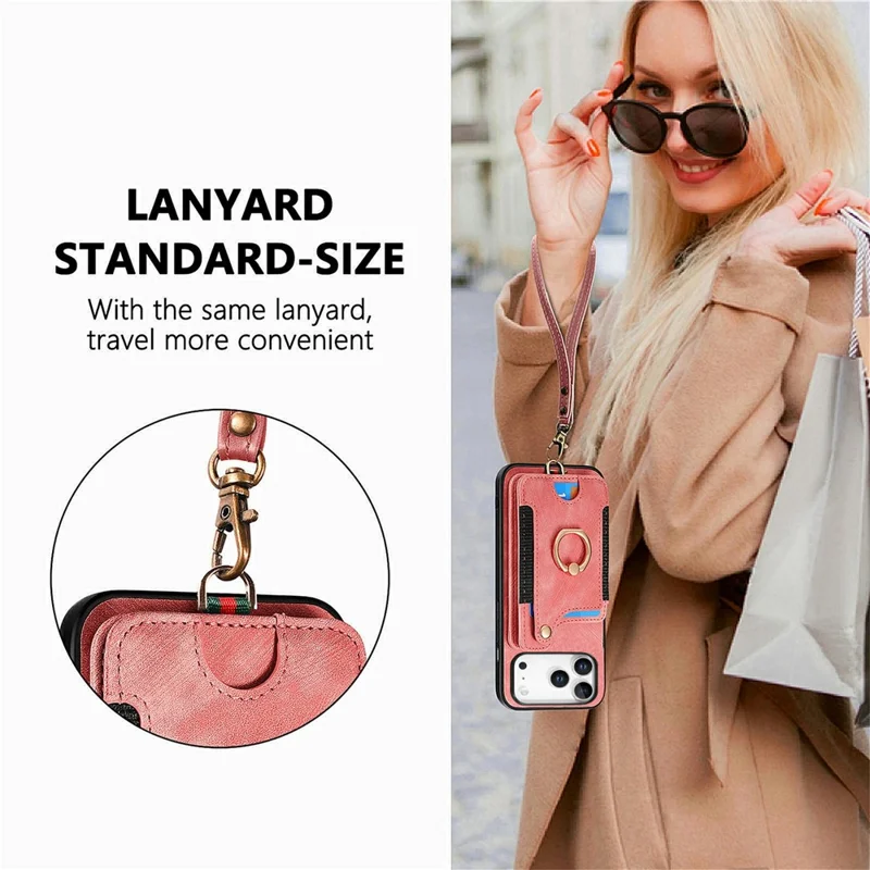 For iPhone 17 Pro Retro PU Leather Case Phone Cover with RFID Blocking Card Holder    /    Ring Holder - Pink