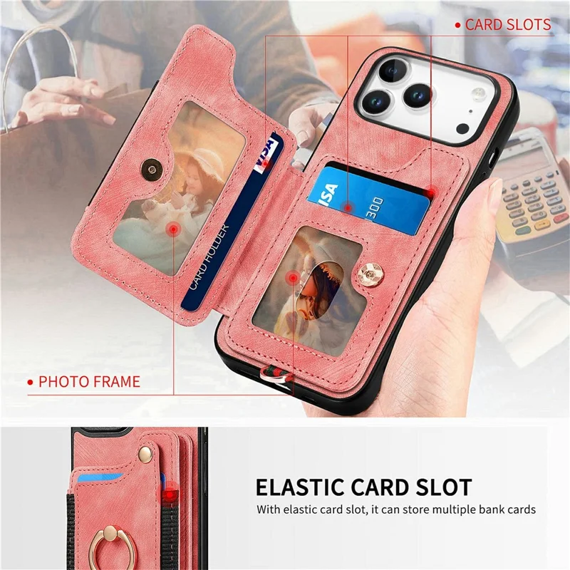 For iPhone 17 Pro Retro PU Leather Case Phone Cover with RFID Blocking Card Holder    /    Ring Holder - Pink