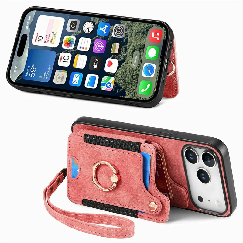 For iPhone 17 Pro Retro PU Leather Case Phone Cover with RFID Blocking Card Holder    /    Ring Holder - Pink