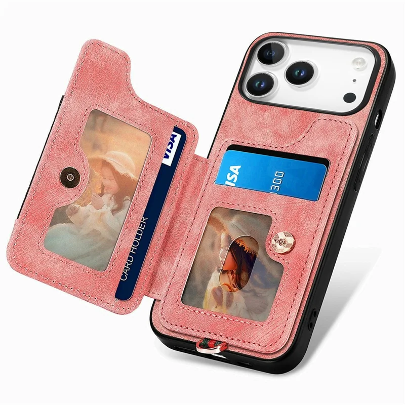 For iPhone 17 Pro Retro PU Leather Case Phone Cover with RFID Blocking Card Holder    /    Ring Holder - Pink