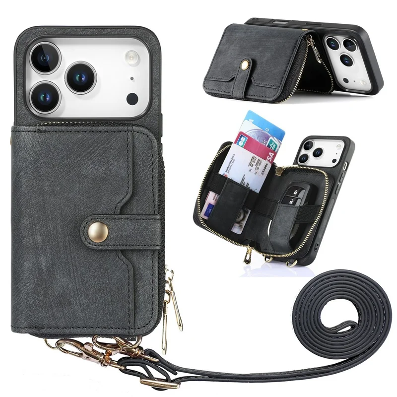 For iPhone 17 Pro Max PU Leather Phone Back Cover with Zipper Card Holder and Long Strap - Black