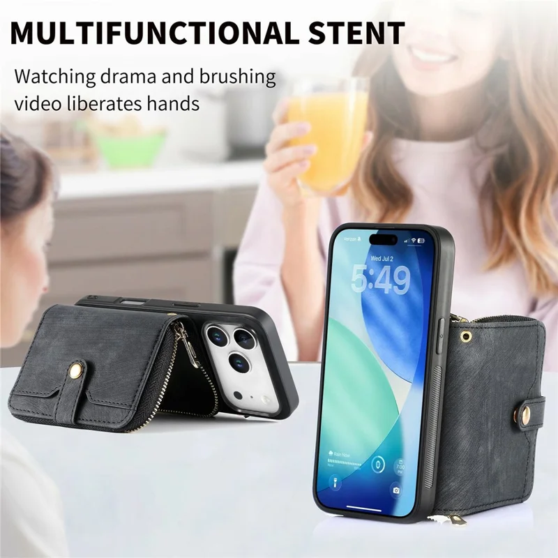 For iPhone 17 Pro Max PU Leather Phone Back Cover with Zipper Card Holder and Long Strap - Black