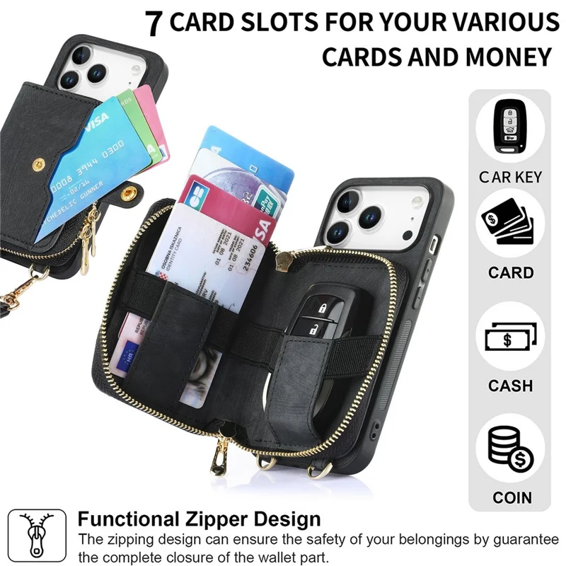 For iPhone 17 Pro Max PU Leather Phone Back Cover with Zipper Card Holder and Long Strap - Black
