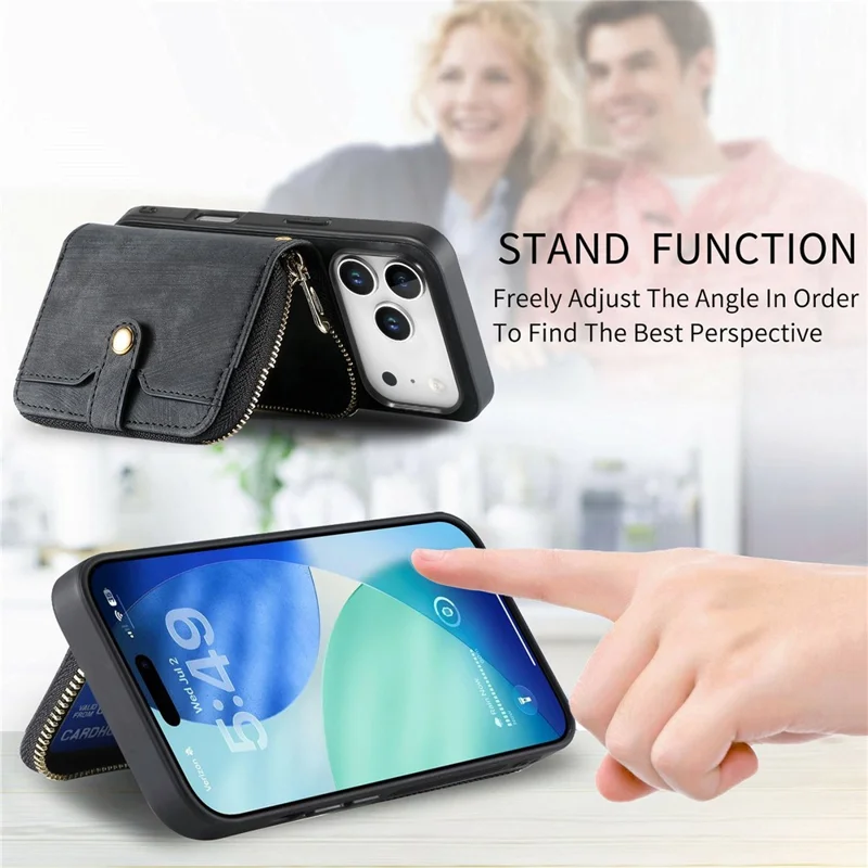 For iPhone 17 Pro Max PU Leather Phone Back Cover with Zipper Card Holder and Long Strap - Black