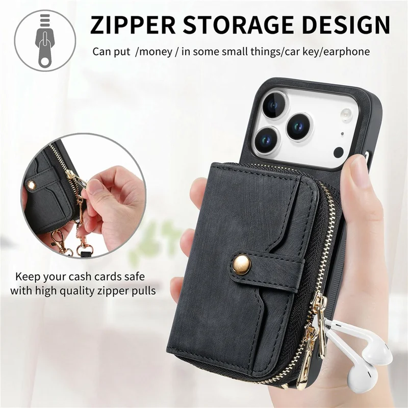 For iPhone 17 Pro Max PU Leather Phone Back Cover with Zipper Card Holder and Long Strap - Black
