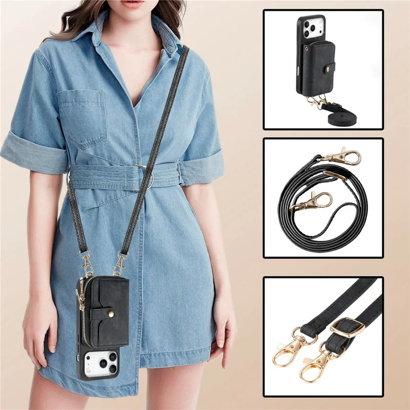 For iPhone 17 Pro Max PU Leather Phone Back Cover with Zipper Card Holder and Long Strap - Black