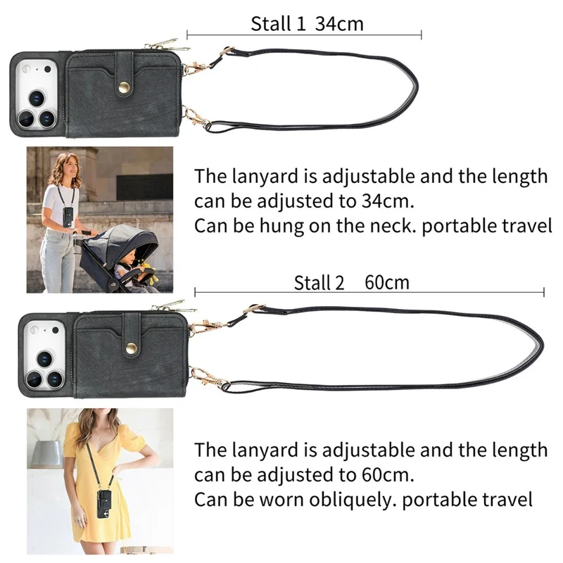 For iPhone 17 Pro Max PU Leather Phone Back Cover with Zipper Card Holder and Long Strap - Black