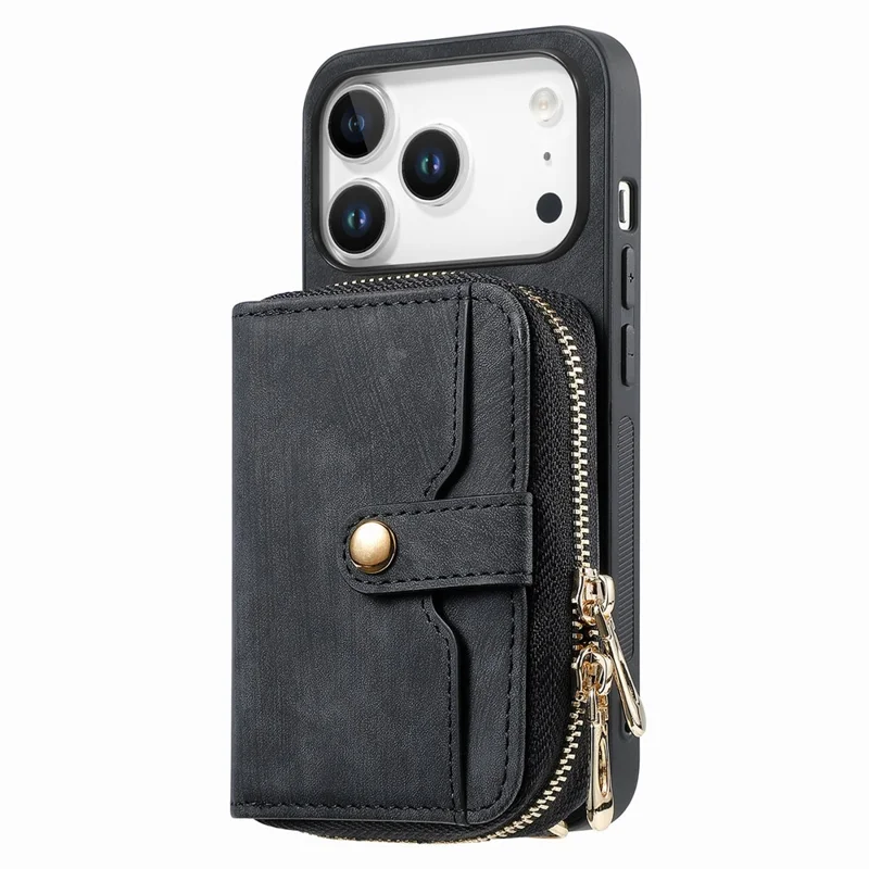 For iPhone 17 Pro Max PU Leather Phone Back Cover with Zipper Card Holder and Long Strap - Black