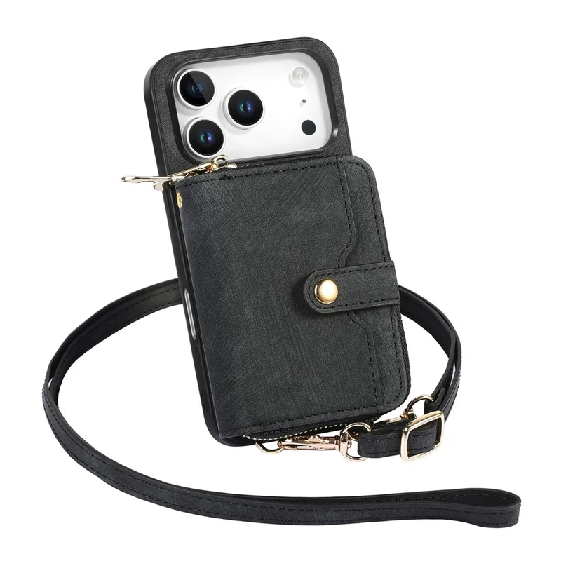 For iPhone 17 Pro Max PU Leather Phone Back Cover with Zipper Card Holder and Long Strap - Black