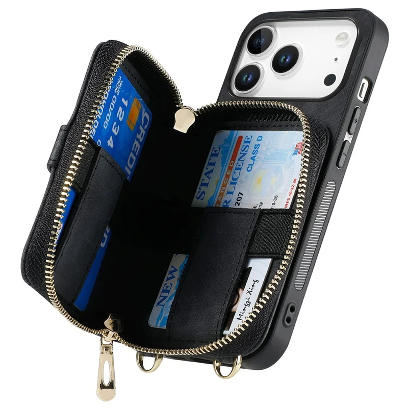 For iPhone 17 Pro Max PU Leather Phone Back Cover with Zipper Card Holder and Long Strap - Black