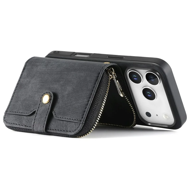 For iPhone 17 Pro Max PU Leather Phone Back Cover with Zipper Card Holder and Long Strap - Black
