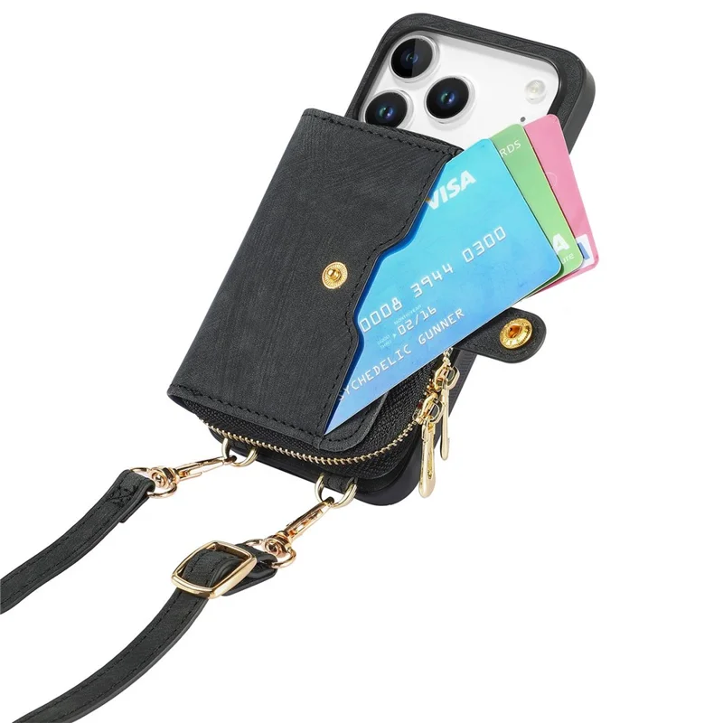 For iPhone 17 Pro Max PU Leather Phone Back Cover with Zipper Card Holder and Long Strap - Black