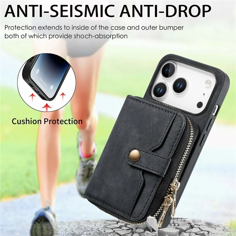 For iPhone 17 Pro Max PU Leather Phone Back Cover with Zipper Card Holder and Long Strap - Black