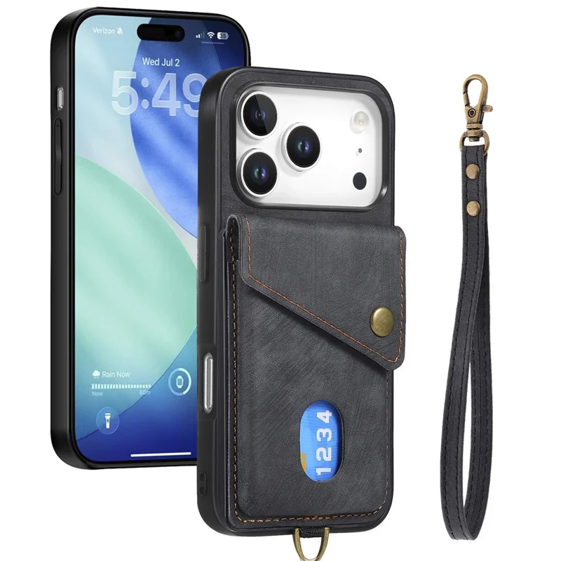 iPhone 17 Pro Max Hülle mit Kartenfach, Ständer, Lederrückseite - Schwarz