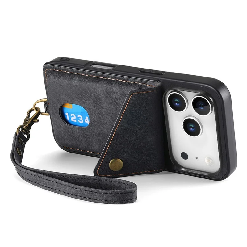 iPhone 17 Pro Max Hülle mit Kartenfach, Ständer, Lederrückseite - Schwarz