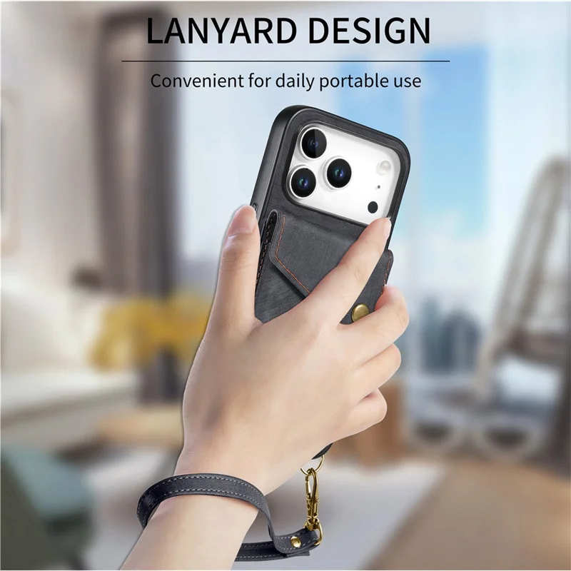 iPhone 17 Pro Max Hülle mit Kartenfach, Ständer, Lederrückseite - Schwarz