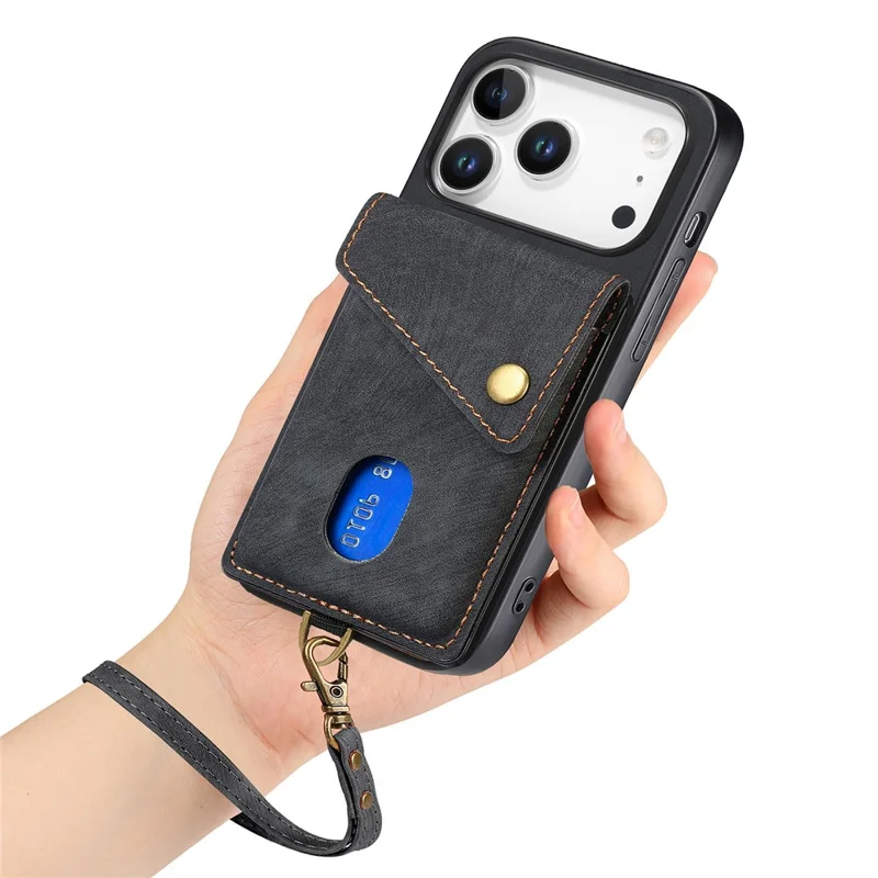 iPhone 17 Pro Max Hülle mit Kartenfach, Ständer, Lederrückseite - Schwarz