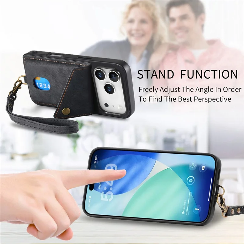 iPhone 17 Pro Max Hülle mit Kartenfach, Ständer, Lederrückseite - Schwarz